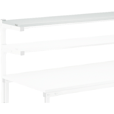 White shelf with three levels against a white background. Top shelf shows a small logo.