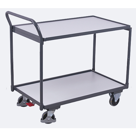 Two-tiered grey serving cart with white surfaces and wheels, isolated on a white background.