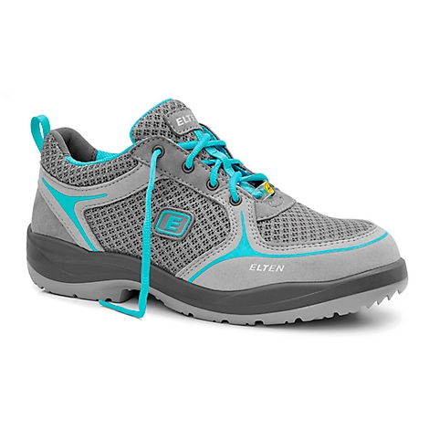 Grey and turquoise safety shoe by Elten. Turquoise laces, gray upper, dark gray sole.