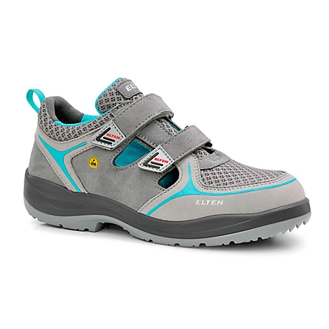 Grey work shoe with Velcro fasteners and turquoise accents. Brand ELTEN. Detailed view.