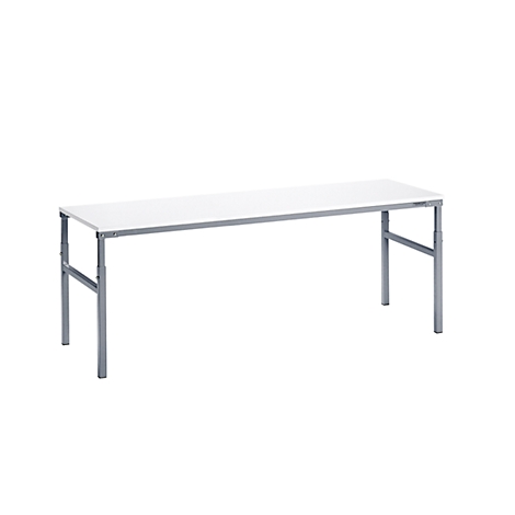 A rectangular, white table with metal legs, isolated against a white background.