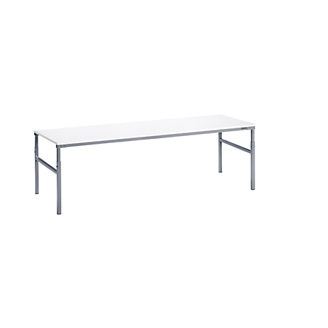 A white table with silver legs stands against a white background.