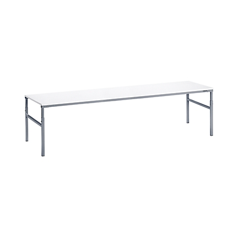 White, rectangular table with metal legs. The table stands on a white background.