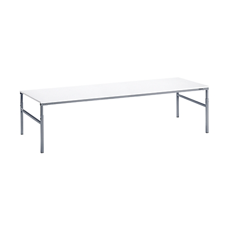 Long, rectangular table. White table top, silver metal frame.