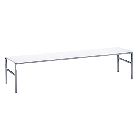 Long white table with silver legs, isolated on white background.