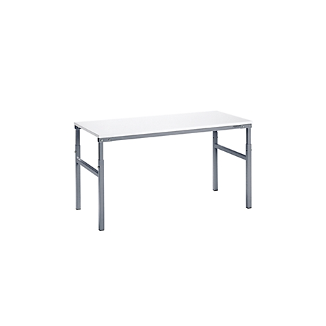 A white table with silver legs. It stands against a white background.