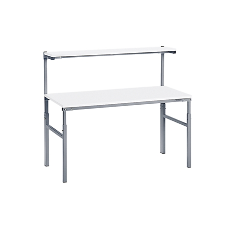 Two-tiered white desk on a light background.