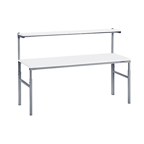 White office desk with attachment. The table legs and the bracket are silver.