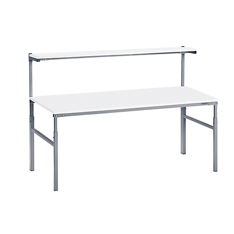White workbench with two levels, gray legs and a white background.