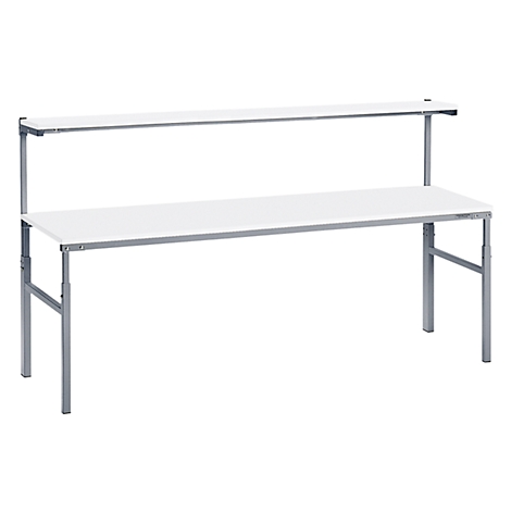 A white table with an additional, higher shelf, both on silver metal frames. The background is white.