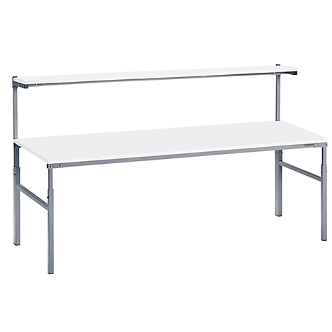 A white lab table with shelf, silver frame and two levels. The table is empty.