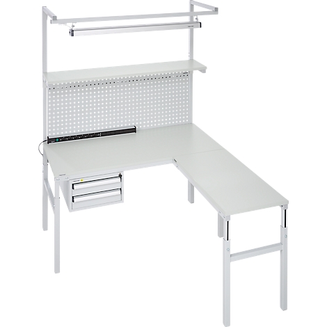 A white corner workstation with a perforated wall, drawers, and lighting, perfect for a workspace.