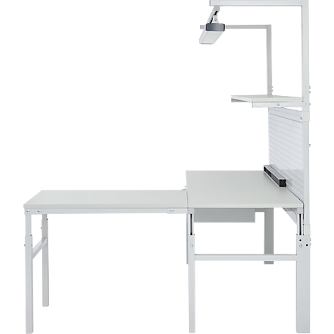 A white, height-adjustable desk with integrated lamp and shelf. Perfect for ergonomic work.