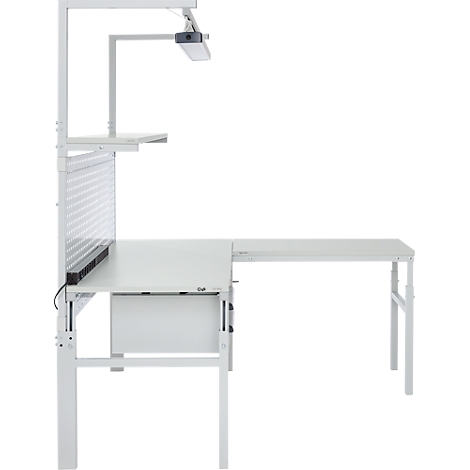 A white height-adjustable work table with integrated lighting and shelves. Against a light background.