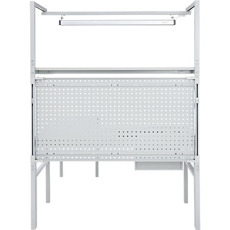 A light gray workbench frame with perforated panel and lighting.