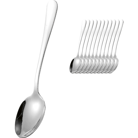 Een zilveren koffielepel ligt diagonaal, naast een rij andere lepels op een witte achtergrond.