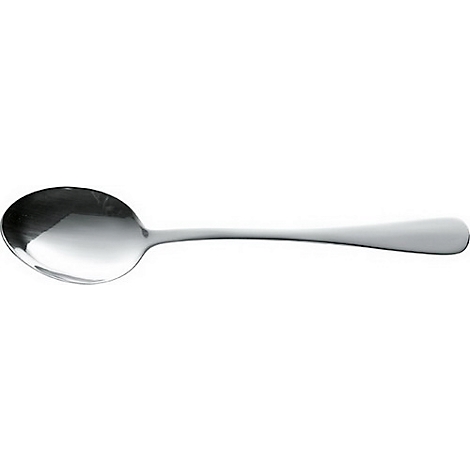 Een glanzende metalen soeplepel, met een ronde lepel en een lange steel.