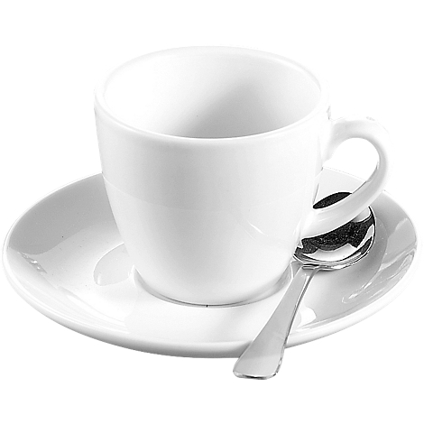 White coffee cup on a saucer with a spoon. Ceramic with smooth surface, simple design.