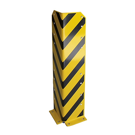Protector de esquina, amarillo con rayas diagonales negras, base rectangular, con orificios de montaje.