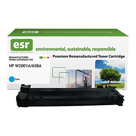 Schwarze Tonerkartusche vor ESR-Verpackung. Auf der Verpackung steht 'environmental, sustainable, responsible' und 'HP W2001A/658A'.