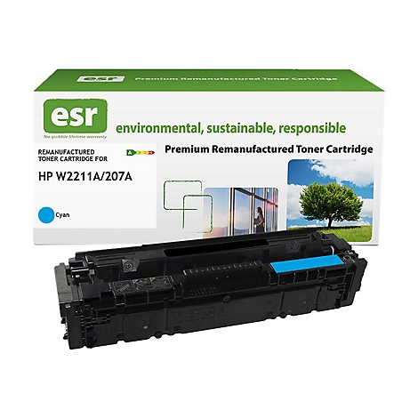 Ein Toner-Set für HP W2211A/207A. Schwarze Kartusche mit blauem Akzent, dahinter die grüne Verpackung mit Text.