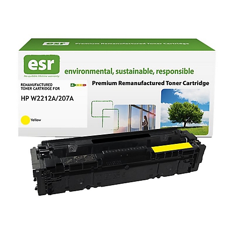 Toner-Kartusche mit gelben Farbakzenten und Produktverpackung, mit Schriftzügen. Aufschrift: "Premium Remanufactured Toner Cartridge für HP W2212A/207A".