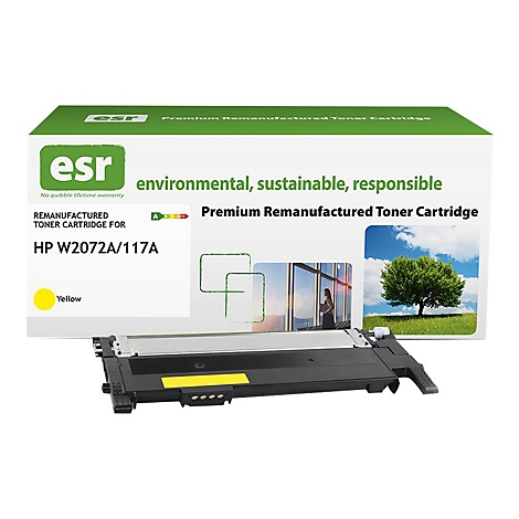 Eine gelbe Tonerkartusche mit Schriftzug 'esr' und 'Premium Remanufactured Toner Cartridge'.