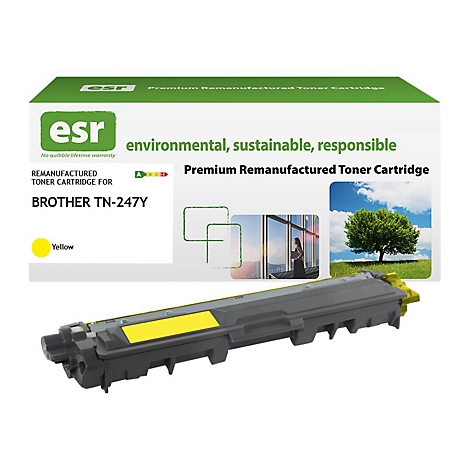 Gelbe Toner-Kartusche für Brother TN-247Y, neben der Produktverpackung mit Text: "Environmental, sustainable, responsible".