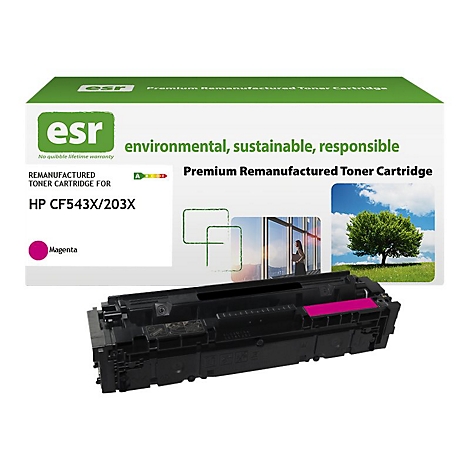 Schwarzer Tonerkartusche mit Magenta-Akzent und Verpackung. Aufdruck: esr, Premium Remanufactured Toner Cartridge, environmental, sustainable, responsible. Auf der Packung: HP CF543X/203X.