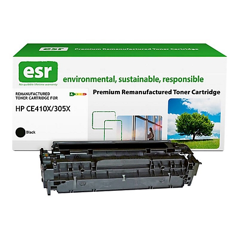 Eine schwarze Tonerkartusche mit einer weißen Verpackung, auf der 'esr' steht. Text: HP CE410X/305X. Schwarze Tinte.