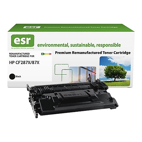 Schwarze Toner-Kartusche mit Verpackung. Verpackung mit Logo "esr" und Aufschrift "Premium Remanufactured Toner Cartridge".