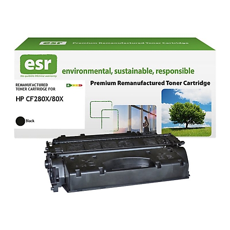 Schwarze Toner-Kartusche und Verpackung von esr. Auf der Verpackung steht „environmental, sustainable, responsible“.