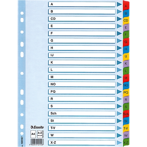 A4 index with letters. Index pages with blue borders, with letter labels.