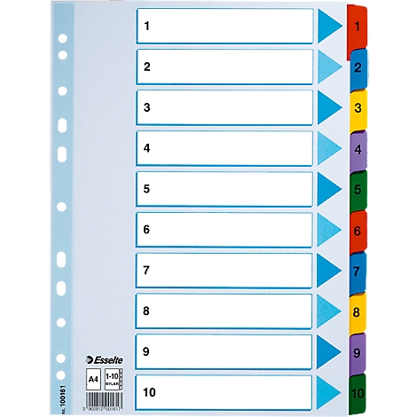 Transparent blue index cards labeled 1-10. Each card has a colored tab for better organization.