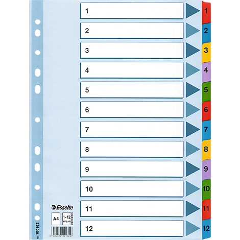 A transparent index card folder with 12 colored index tabs. Each card is numbered.