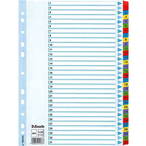 A perforated document divider with 31 labeled, colored tabs. The sheets are numbered and lined.