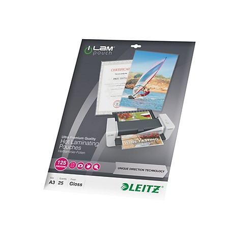 Packung mit Leitz A3 Heißlaminierfolien, 125 Mikron, 25 Stück.