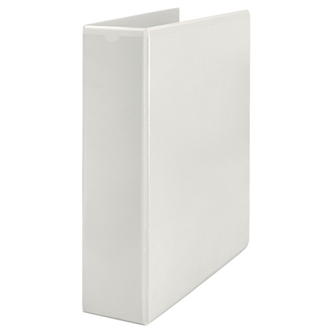 Weißer Ordner im Hochformat, vor weißem Hintergrund. Der Ordner steht leicht schräg, seine linke Seite ist sichtbar.