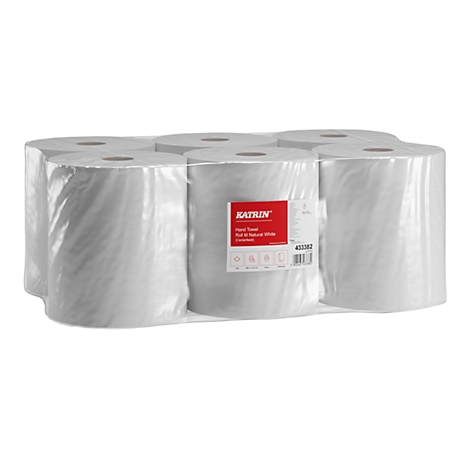 Paquet de serviettes en papier emballées dans du papier d'aluminium. Étiquette rouge : Serviette de Kathrin, blanche et neutre. Code-barres.