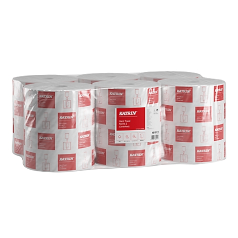 Un rouleau d'essuie-tout Katrin. Le couvercle du rouleau blanc est marqué de rectangles rouges affichant le nom de la marque et les détails du produit.