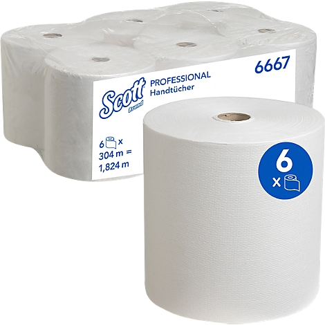 Rouleaux de papier essuie-mains blancs, pack de 6, avec étiquette du produit et marquage bleu.