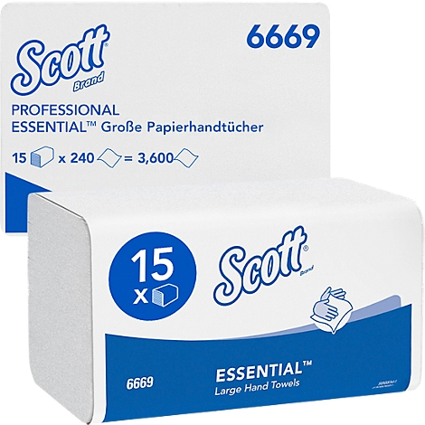 Paquet d'essuie-mains de Scott. Blanc avec écriture bleue. Impression : "ESSENTIAL Large Hand Towels".