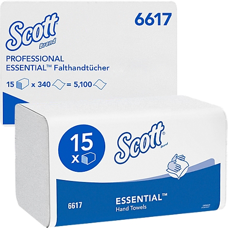 Distributeur d'essuie-mains blanc Scott. 'ESSENTIAL™ Hand Towels' est inscrit sur l'emballage.