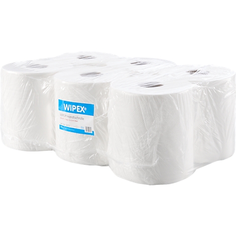 Un pack de six rouleaux de papier essuie-tout blancs dans une feuille transparente. Une étiquette bleue avec le mot WIPEX est attachée à un rouleau.