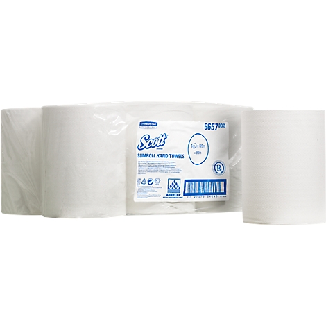 Rouleau d'essuie-mains en papier blanc, enveloppé dans du plastique. Avec le logo Scott et des informations sur le produit.