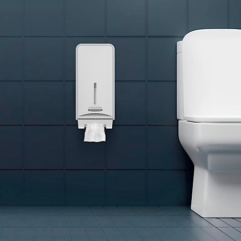 Un distributeur d'essuie-mains en papier blanc sur un mur carrelé bleu foncé, à côté d'une cuvette de toilette blanche.