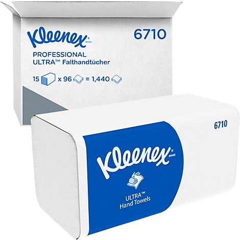 Deux boîtes Kleenex blanches, une ouverte, une fermée. Impression bleue avec le nom du produit et les détails.