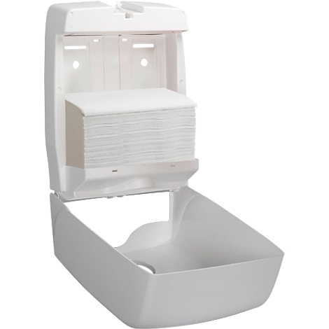 Distributeur d'essuie-mains en papier blanc avec façade ouverte. Une pile d'essuie-mains en papier est visible.