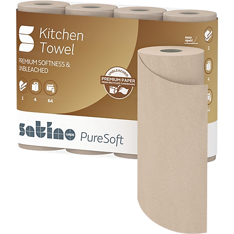 Paquet de papier essuie-tout, ouvert pour montrer un rouleau. Inscription : Kitchen Towel, Premium Softness & Unbleached. Marque : Satino PureSoft.