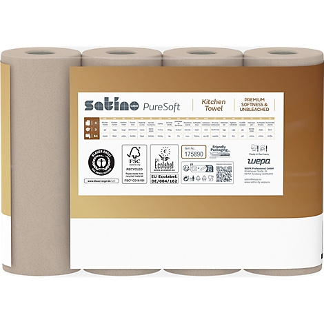 Plusieurs rouleaux de papier essuie-tout, emballés dans du carton brun. Impression avec le nom du produit, le logo et les sceaux prouvant une production durable.